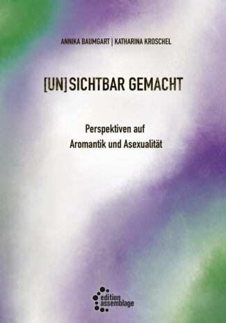 Das Buchcover ist schlicht und grafisch gestaltet. Es enthält Titel, Untertitel, Herausgeber*innennamen und das Logo des Verlags in schwarzer Schrift. Im Hintergrund ist eine farbig gestaltete Fläche aus lila, grünen, grauen und weißen ineinander verlaufenden Streifen. Diese überziehen das Blatt diagonal von links unten nach rechts oben.