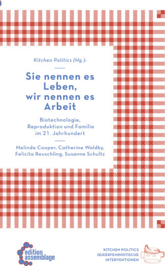 Auf einem rot-weißen Karomuster ist mittig ein weißes Quadrat, auf dem Titel, Untertitel und Herausgeber_innenname stehen. Unter dem Karomuster ist ein weißer Balken, auf dem links das edition assemblage Logo und rechts eine abstrahierte Schnabeltasse platziert ist. Links neben der Schnabeltasse steht "Kitchen Politics Queerfeministische Interventionen".