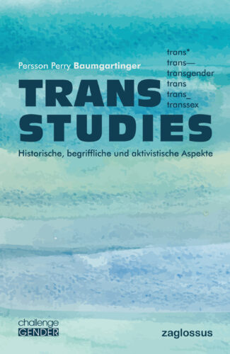 Cover on "trans studies", schwarze Schrift auf Hintergrund in Blautönen